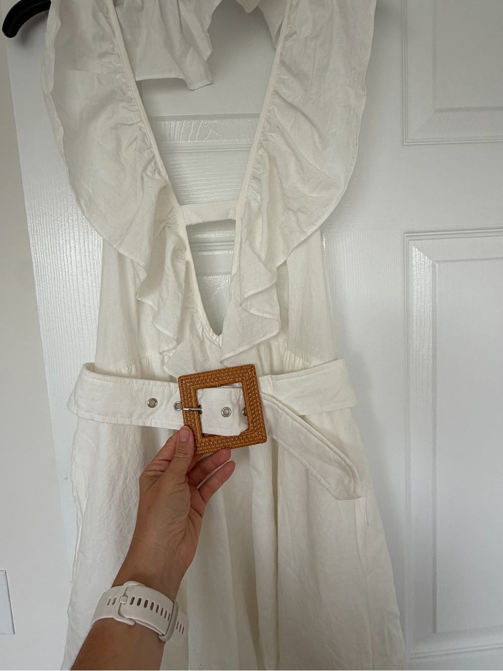 Cider Cream Backless Ruffled V-Neck Dress with Woven Buckle